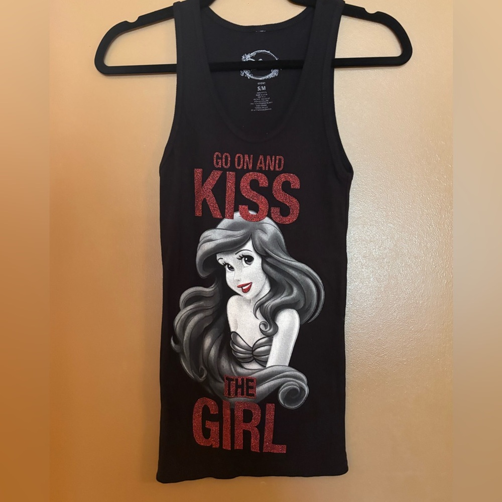Disney Black Tank Top with Ariel “Go on and kiss the girl” Graphic Womens S/M